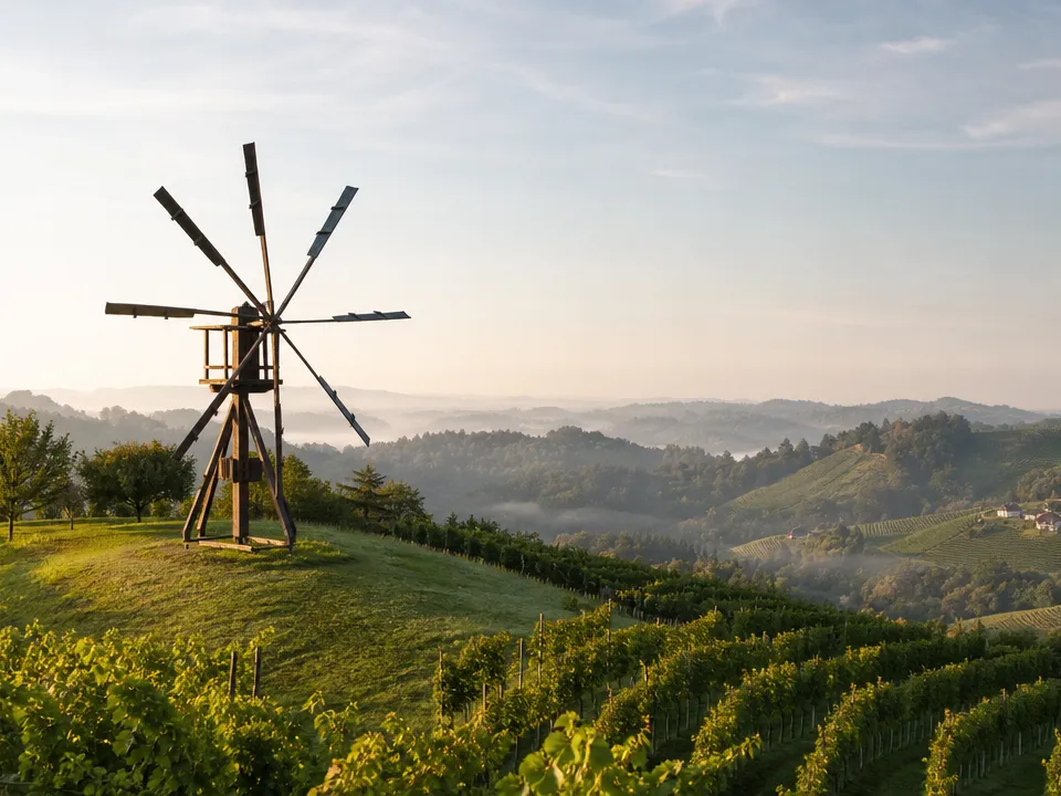 Klapotetz und hügelige Weinlandschaft in der Südsteiermark
