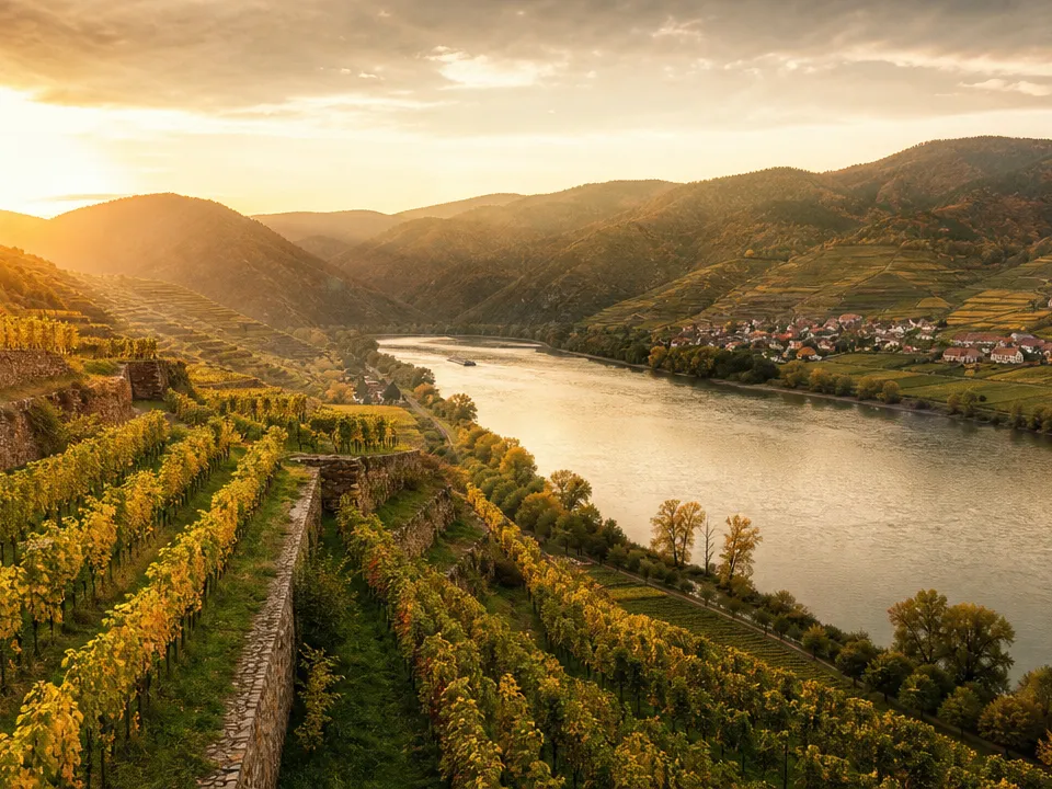 Terrassierte Weingärten an der Donau in der Wachau