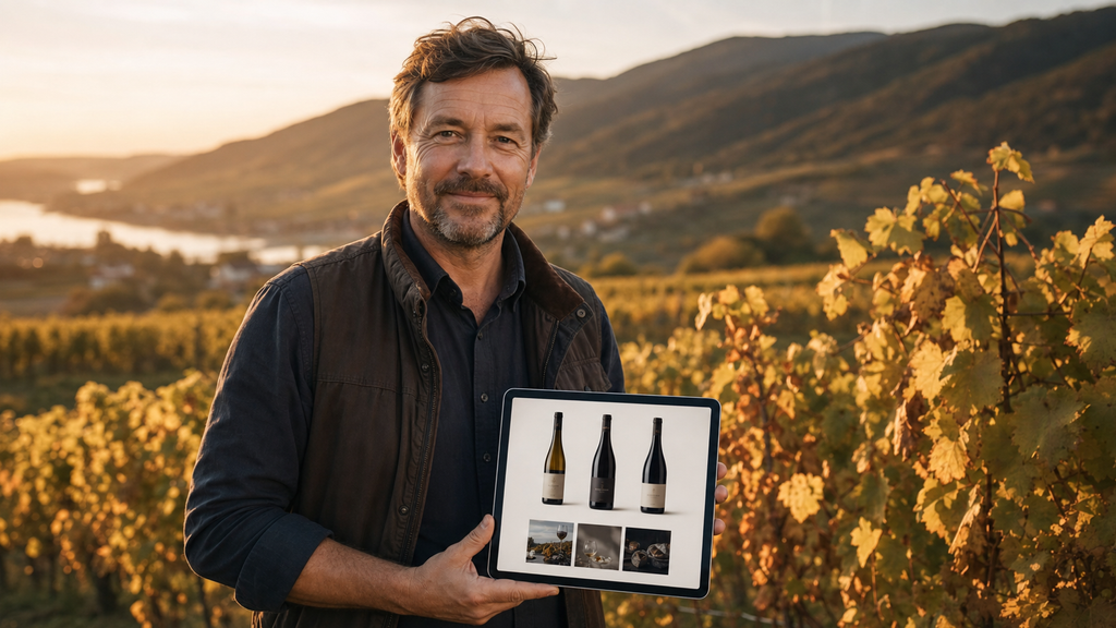 Winzer mit WineBase-Shop am Tablet im Weingarten