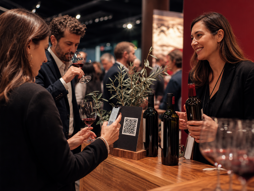 Gäste an einem Weinstand bestellen per QR-Code