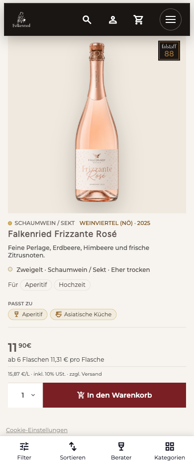 Mobile Shopansicht des fiktiven Weinguts Falkenried