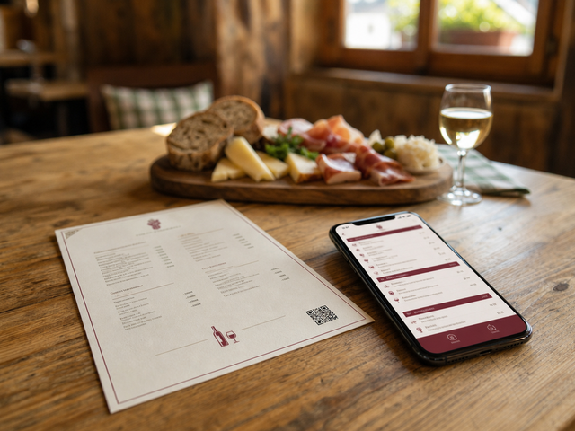 Gedruckte Heurigen-Speisekarte neben dem Handy mit derselben Karte