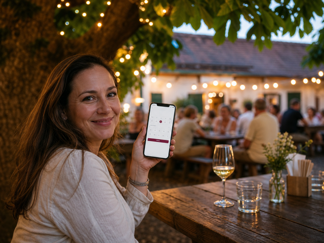 Gast reserviert am Handy einen Tisch im Gastgarten