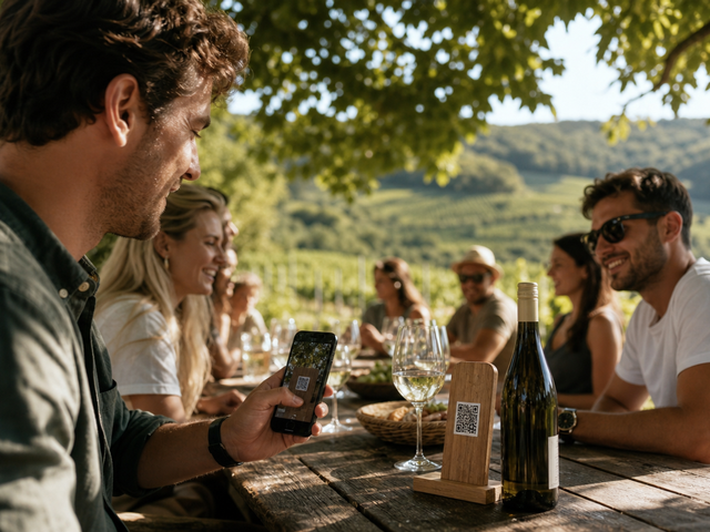 Gäste im Gastgarten scannen den Tisch-QR-Code neben Weingläsern