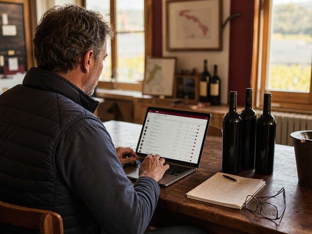 Winzer stellt am Laptop die Weinliste für die Messe zusammen