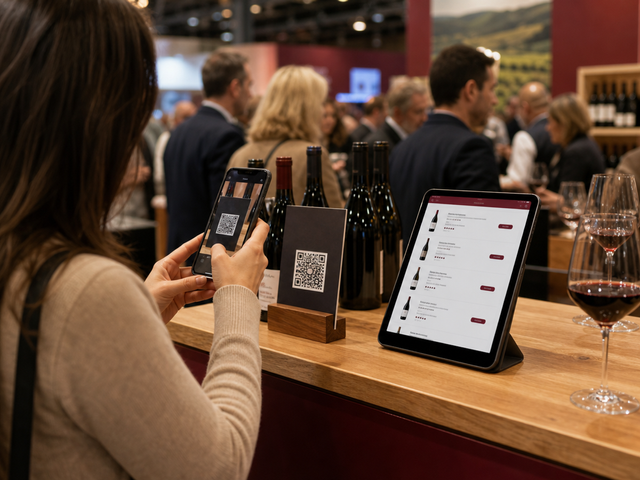 Gast scannt am Messestand den QR-Code zur digitalen Weinliste