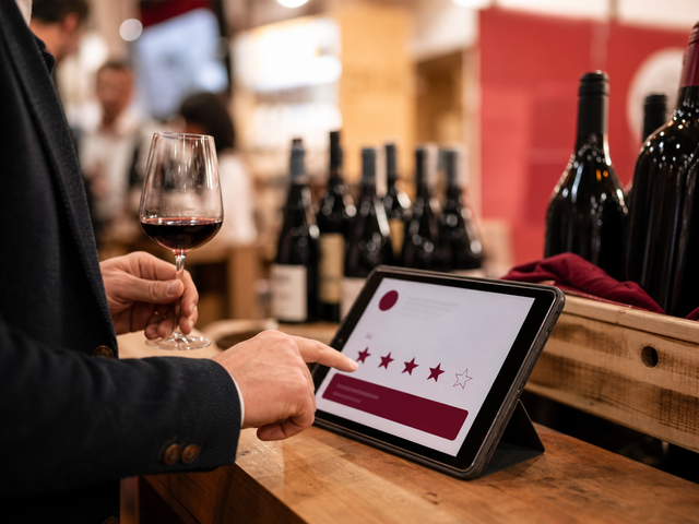 Gast verkostet Wein und bewertet ihn auf dem Tablet
