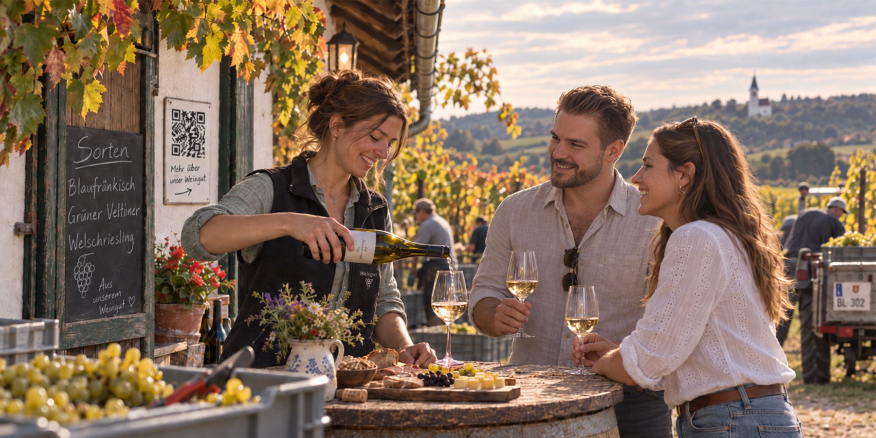 Persönlicher Kontakt bei der Weinverkostung: Eine Winzerin schenkt ihren Gästen Wein ein