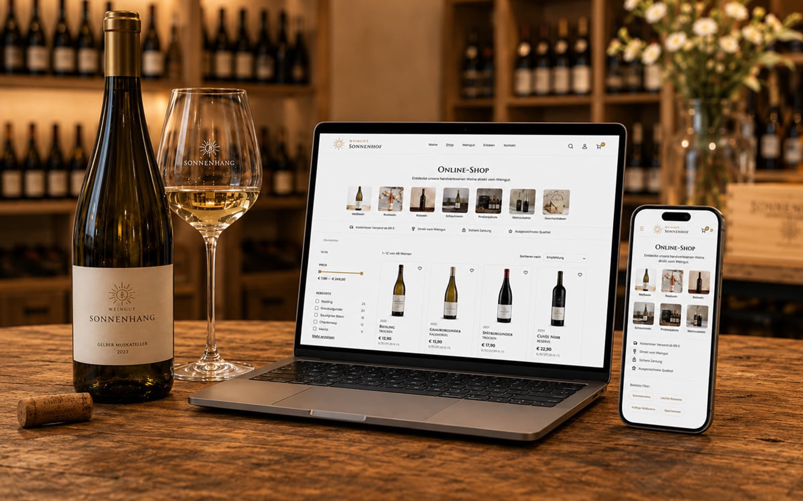 Laptop im Weinkeller, daneben Flaschen und ein Glas Rotwein