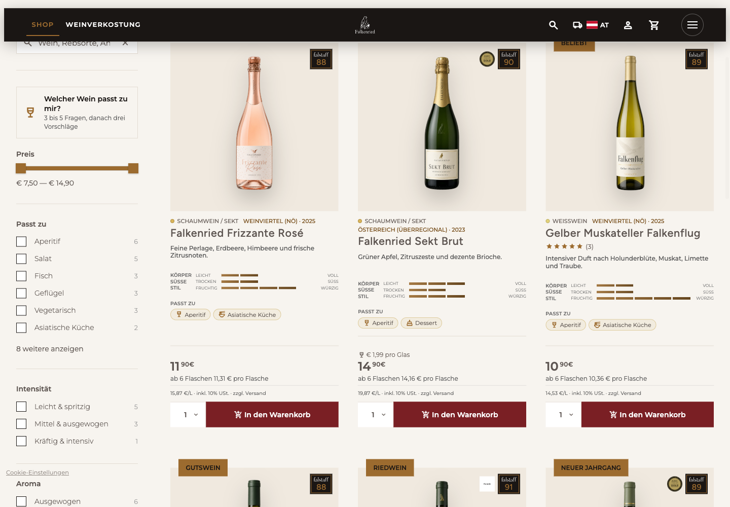 Weinübersicht im WineBase-Demoshop mit Filtern, Weinbeschreibungen und Mengenpreisen