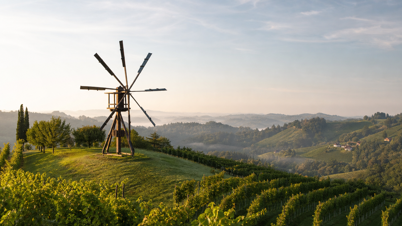 Klapotetz und hügelige Weinlandschaft in der Südsteiermark