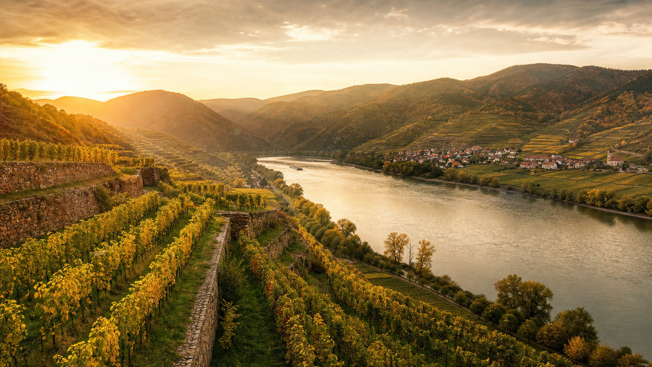 Terrassierte Weingärten an der Donau in der Wachau